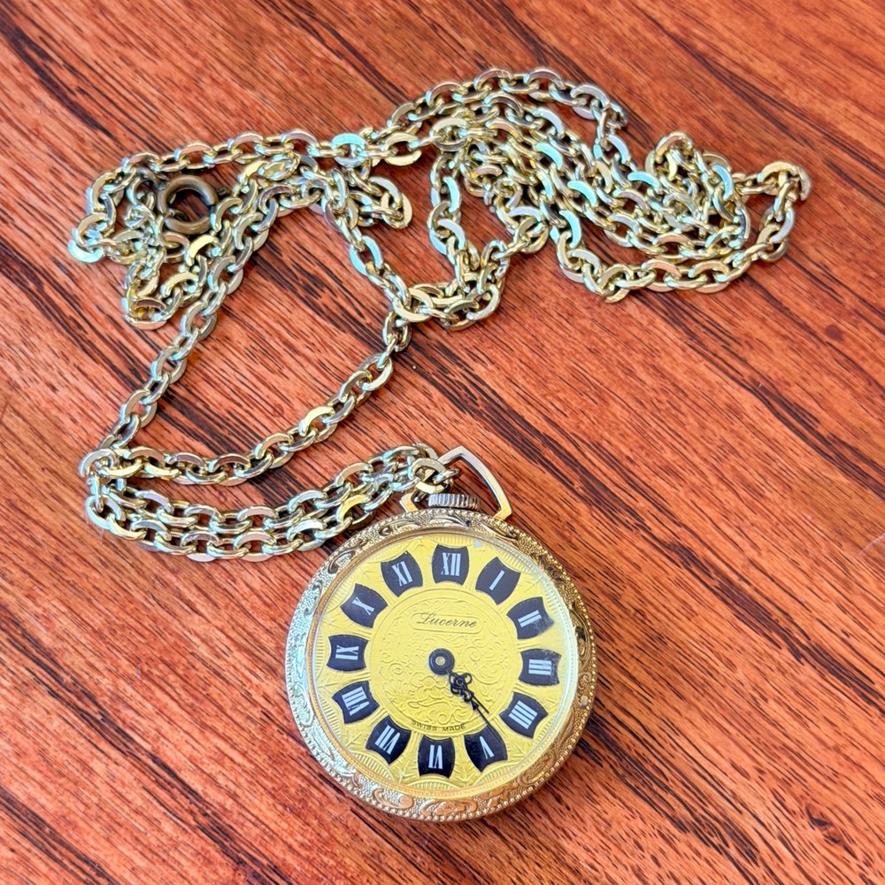 Vintage‎ Lucerne Pendant Watch Gold Tone Swiss Made Roman Numeral Necklace Chain - Picture 10 of 11